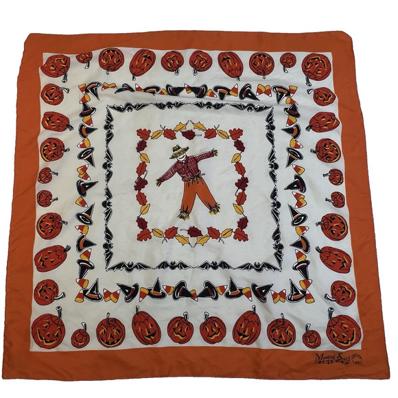 Halloween Scarf 10" Square Orange White Polyester Fall Decor Fashion Accessory - Picture 1 of 8